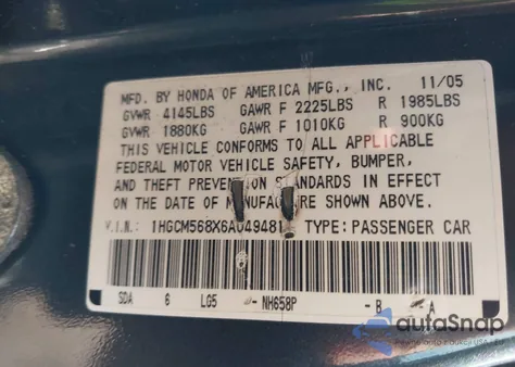 2006 Honda Accord 2.4 Ex z USA, uszkodzony, nr VIN 1HGCM568X6A049481